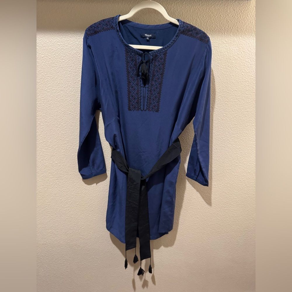 Madewell Women's Navy 100% Silk Embroidered Belted Shift Long Sleeve Dress Med